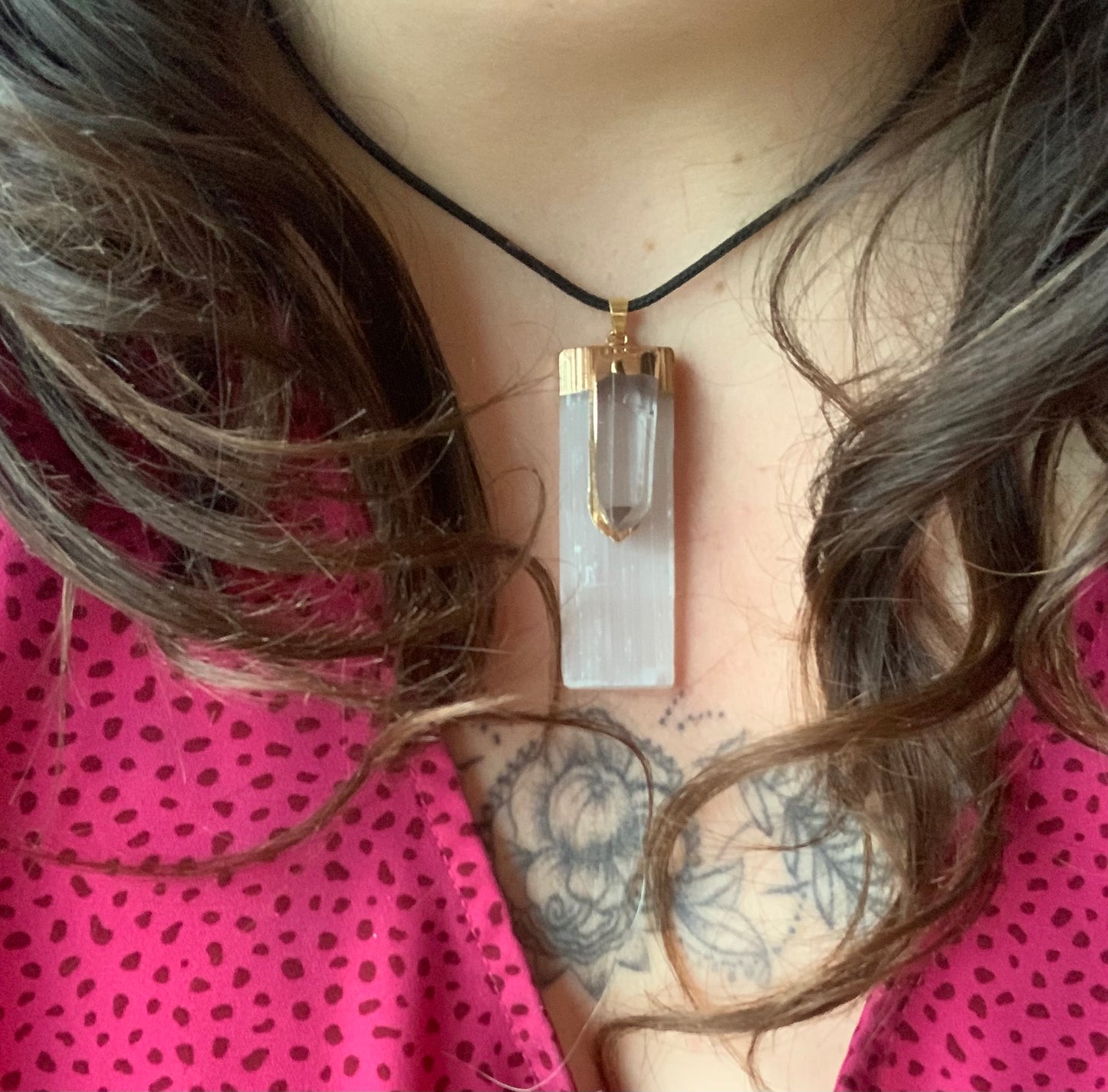 Pendentif en Sélénite & Cristal de roche