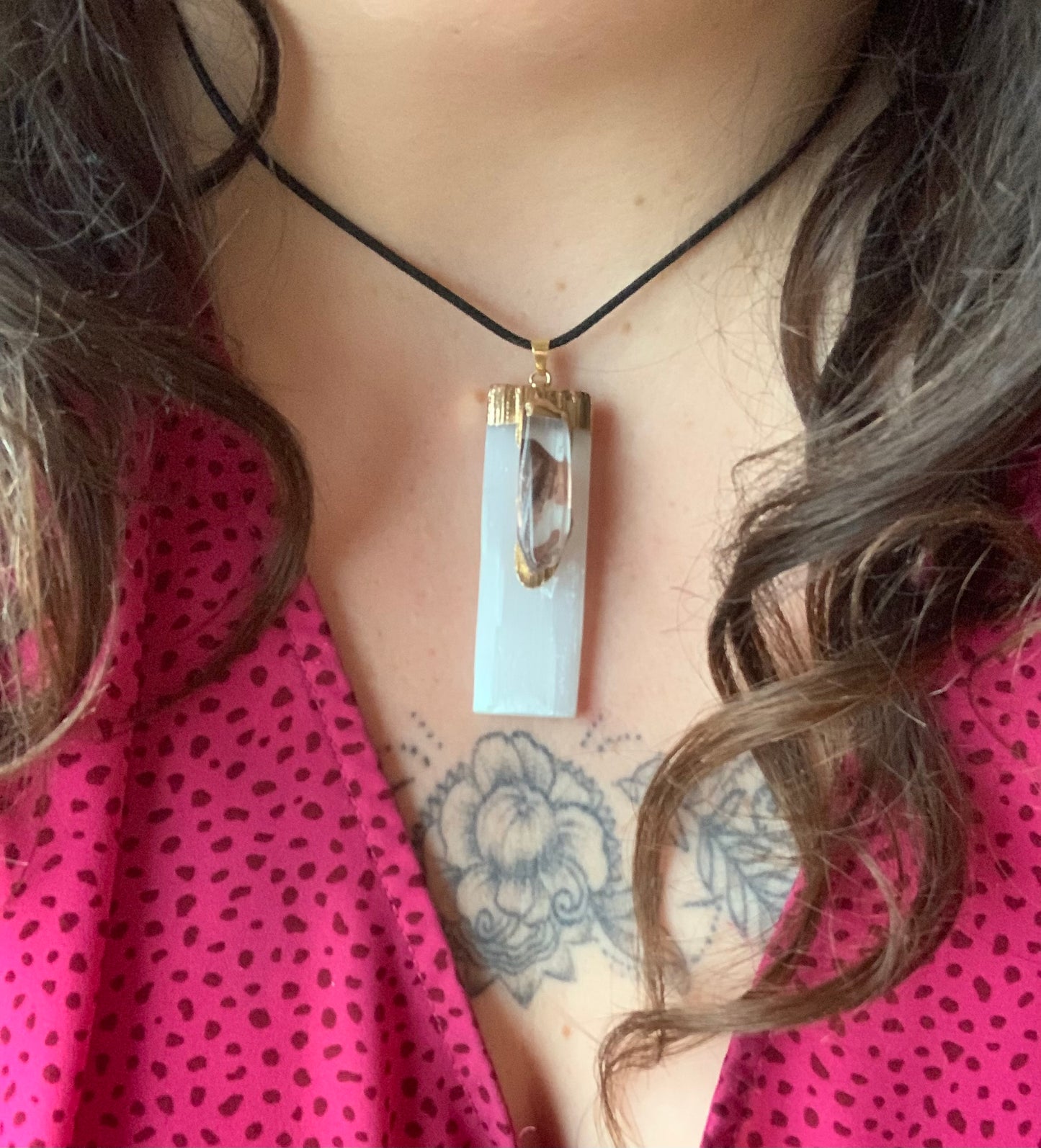 Pendentif en Sélénite & Cristal de roche