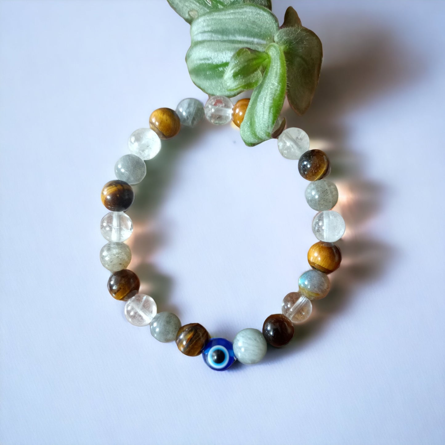 Bracelet de Protection & contre le mauvais oeil en Labradorite, Oeil de Tigre & Cristal de Roche 8mm