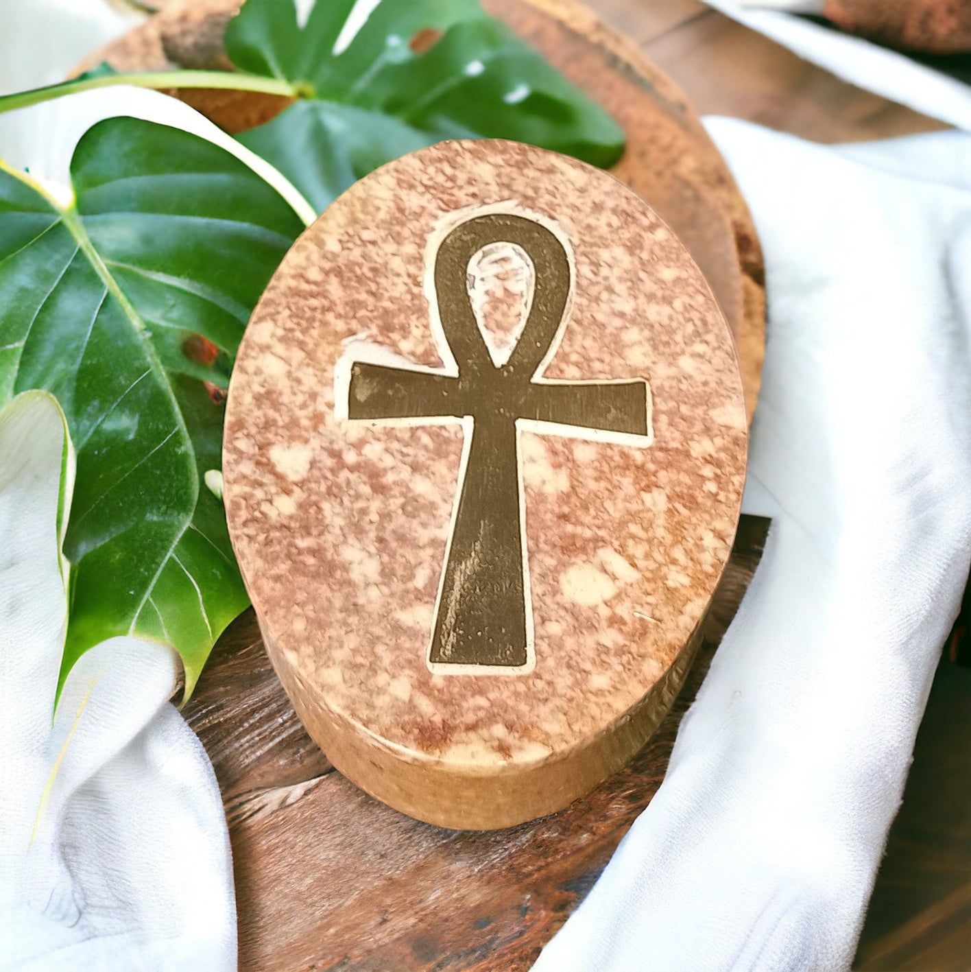Beige Soapstone Oval Ankh Symbol Box