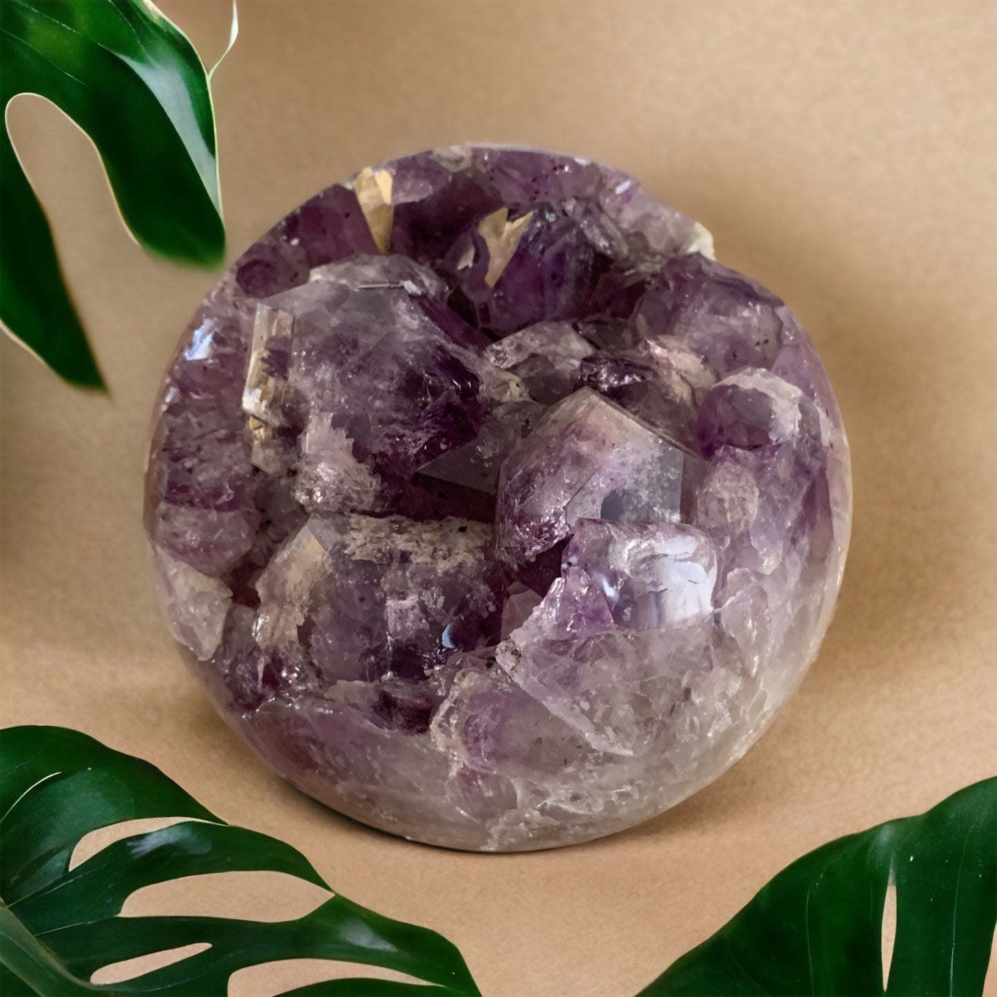 Sphere - raw and polished hollow ball in Amethyst & White Quartz