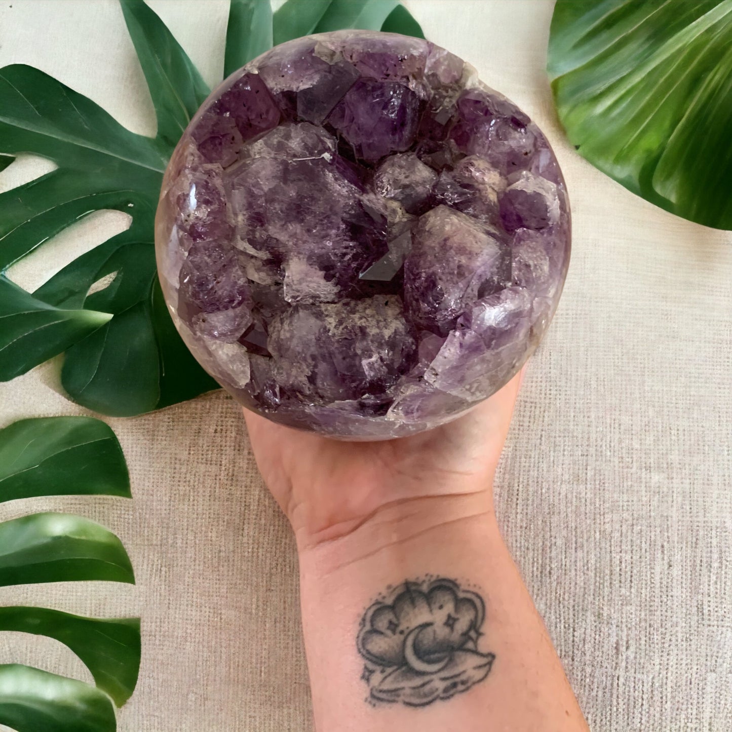 Sphere - raw and polished hollow ball in Amethyst & White Quartz