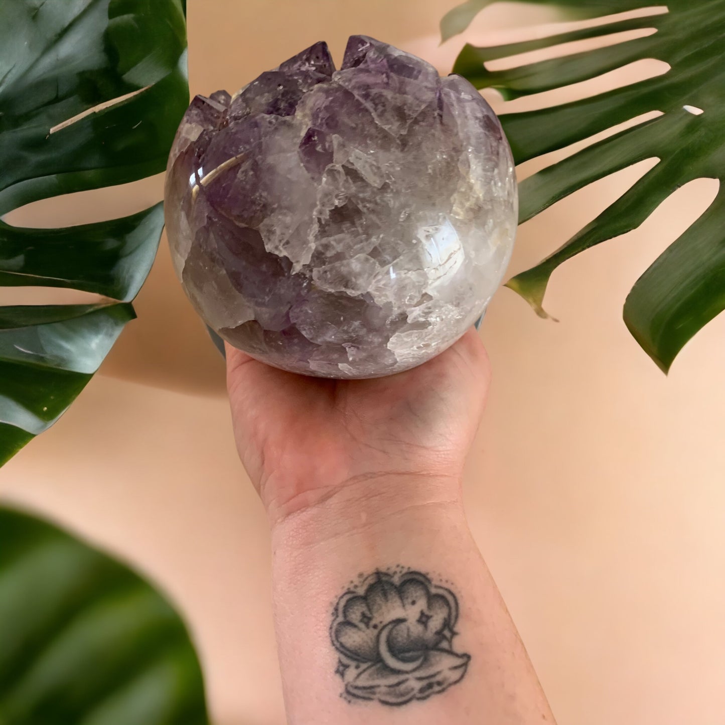 Sphere - raw and polished hollow ball in Amethyst & White Quartz