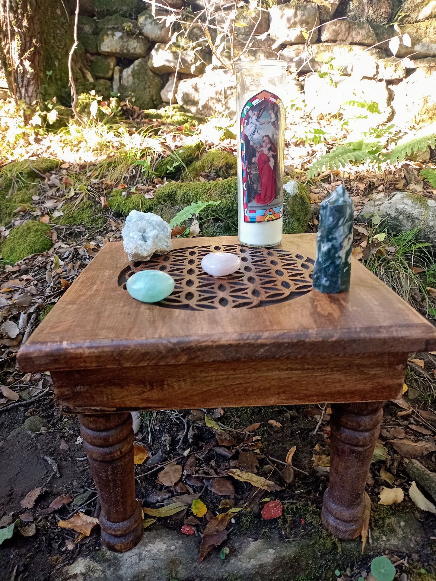 Ritual Table & Flower of Life Altar in Mango Wood