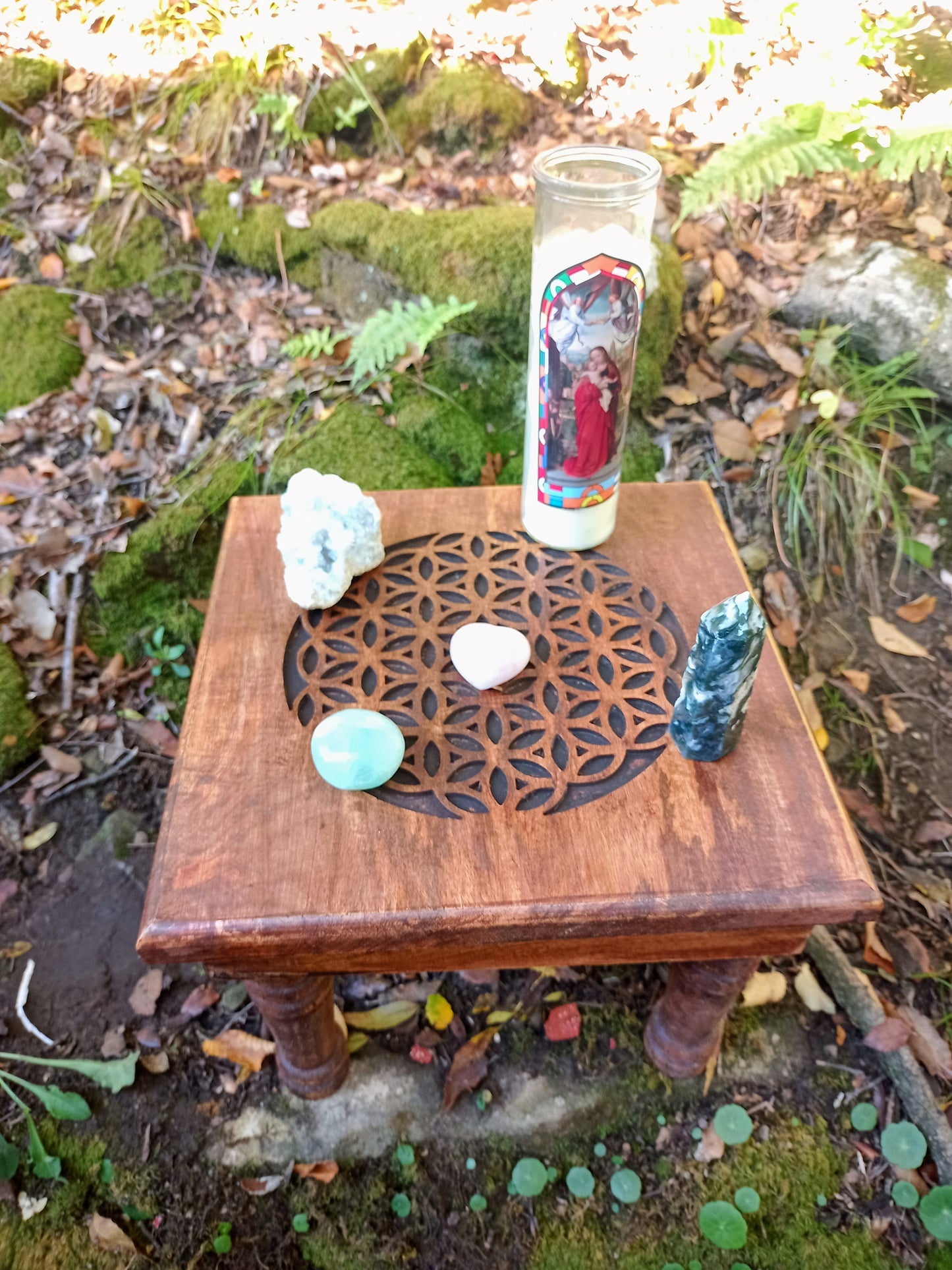 Ritual Table & Flower of Life Altar in Mango Wood