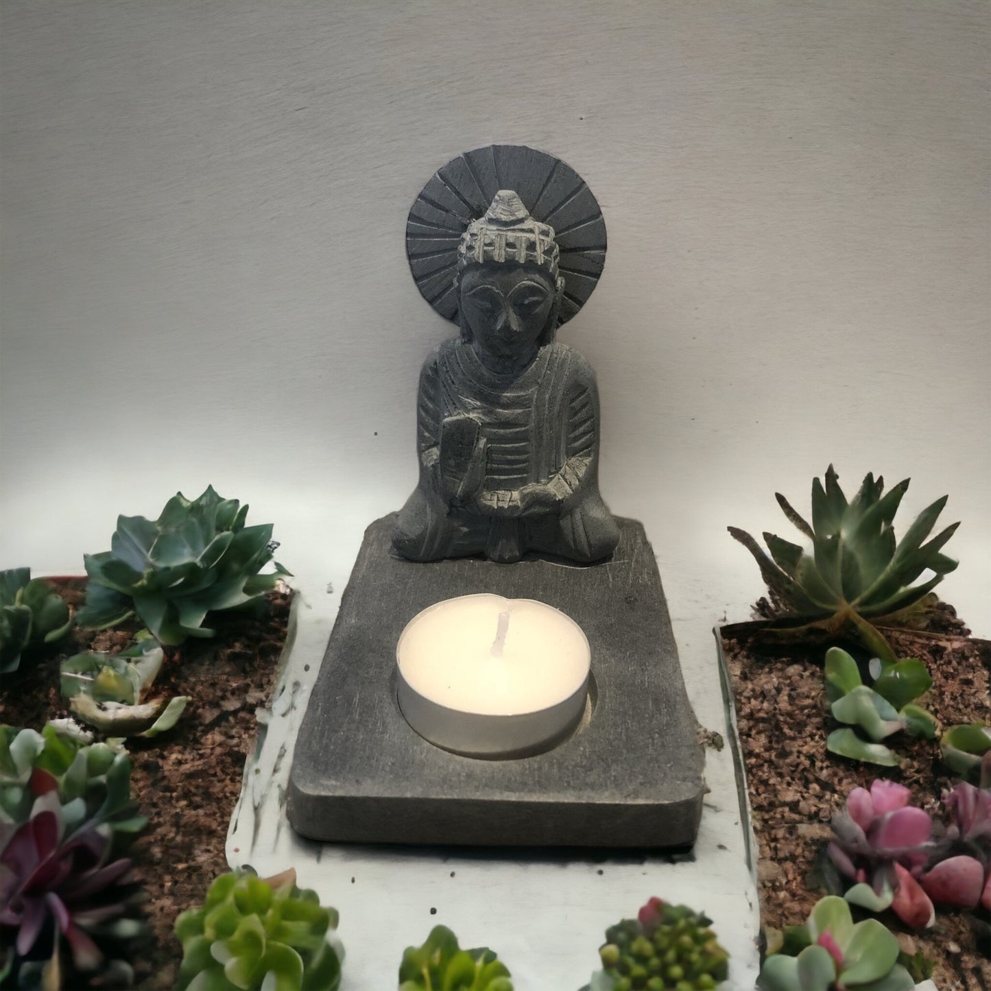 Buddha Grey Soapstone Candle Holder