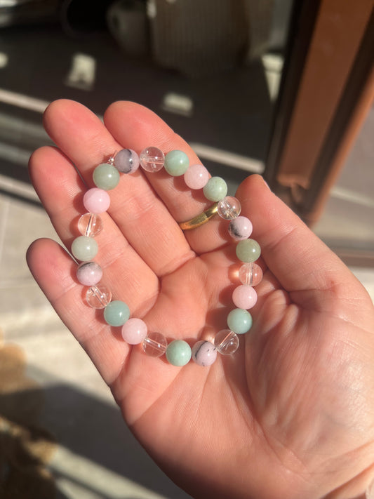 Bracelet Amazonite, Opale rose et Cristal de roche 8mm