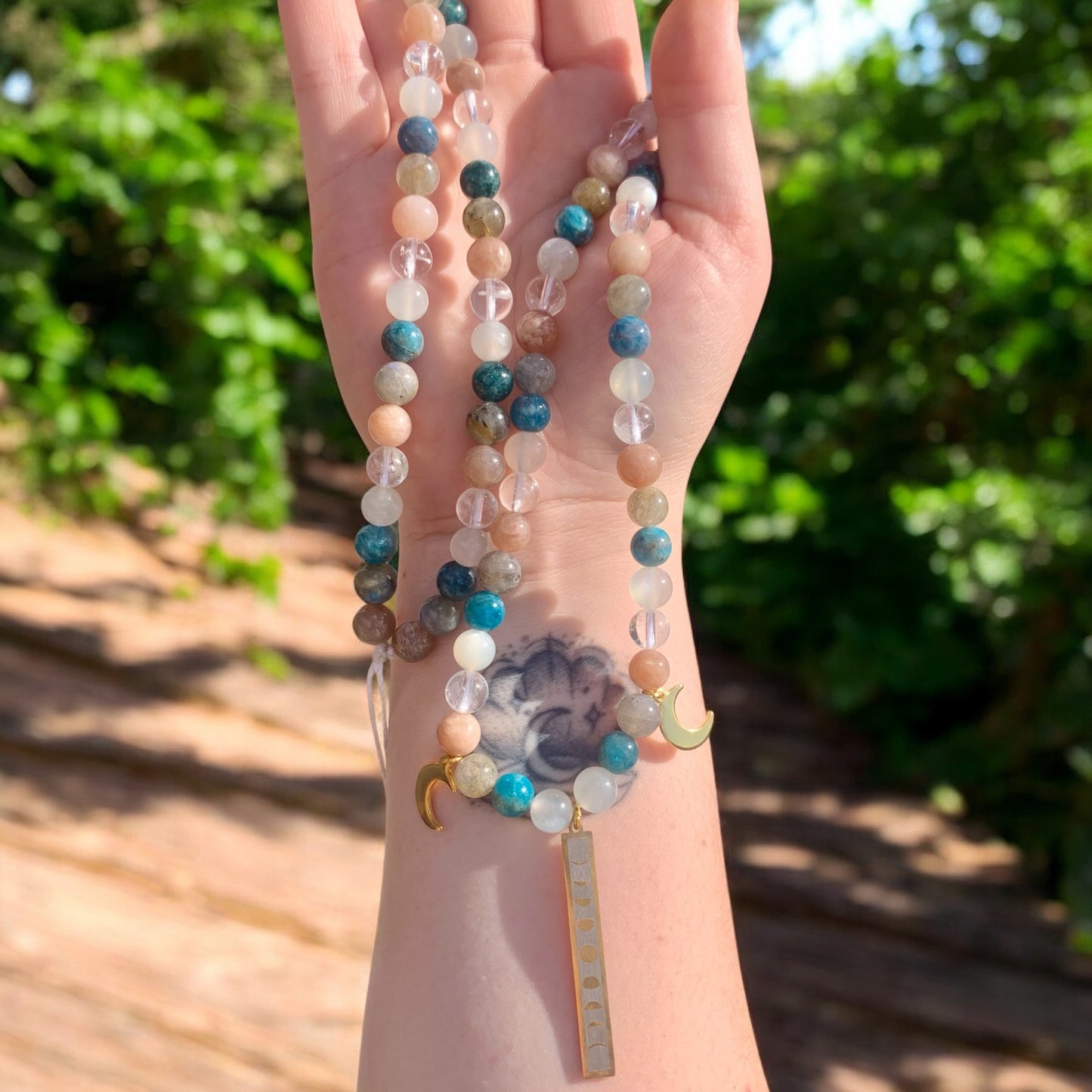 Mala Artisanal ou Parure Apatite, Pierre de Lune, Cristal & Labradorite