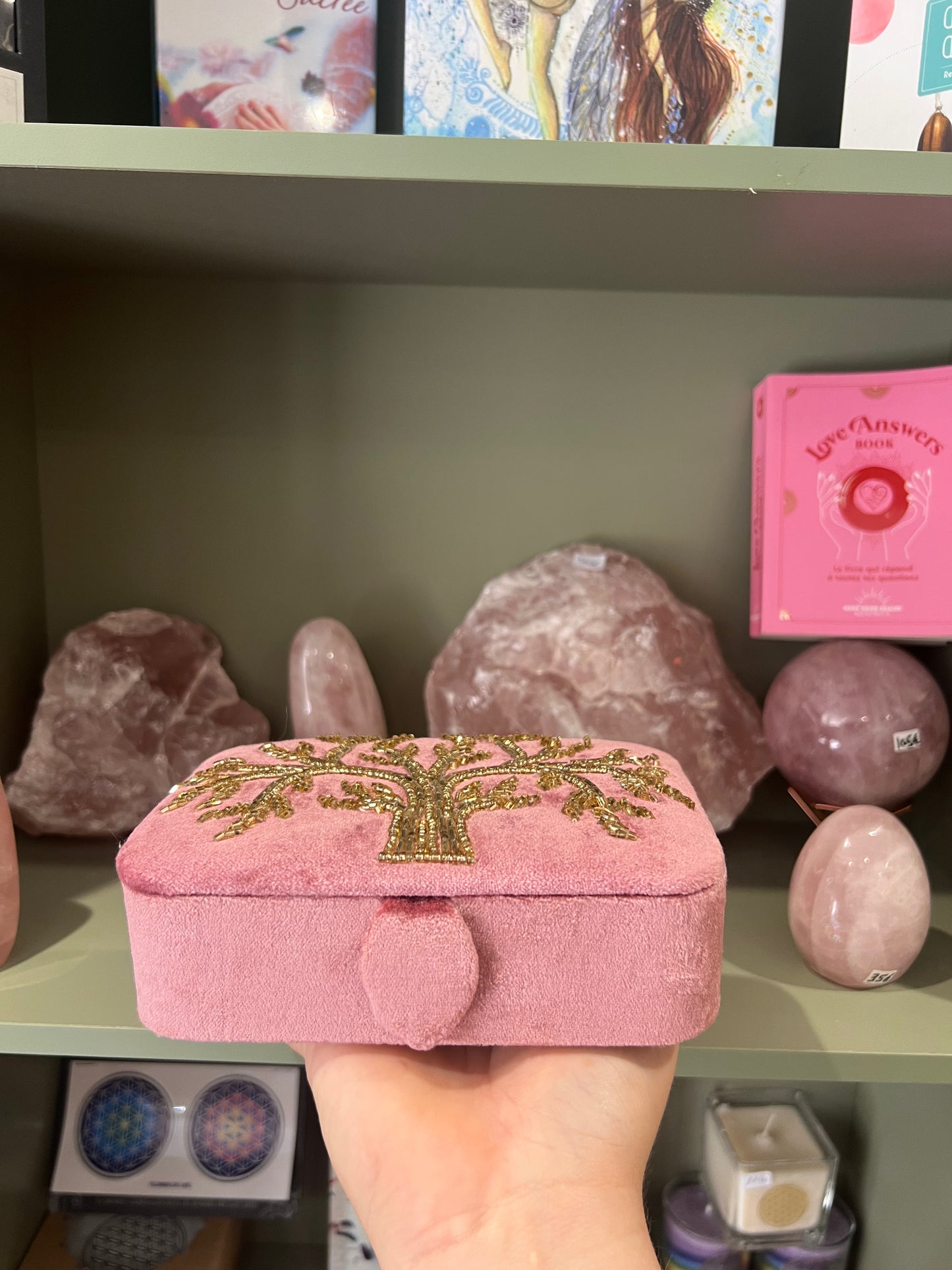 Boîte velours Arbre de vie et broderies en perles rose