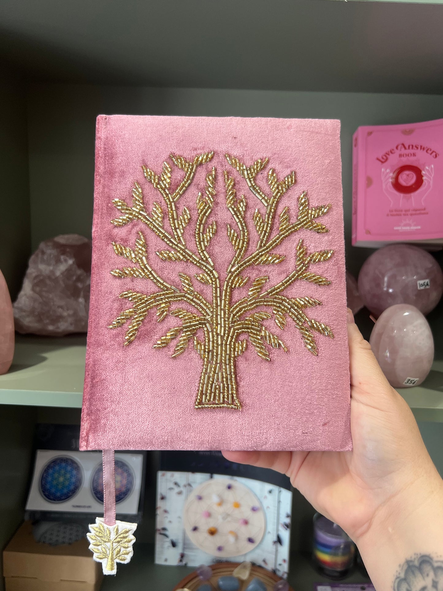 Cahier - carnet velours Arbre de vie et broderies en perles rose