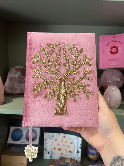 Cahier - carnet velours Arbre de vie et broderies en perles rose