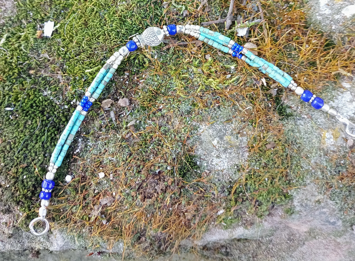 Bracelet Tibétain en Turquoise Africaine, perles fantaisies & Poisson