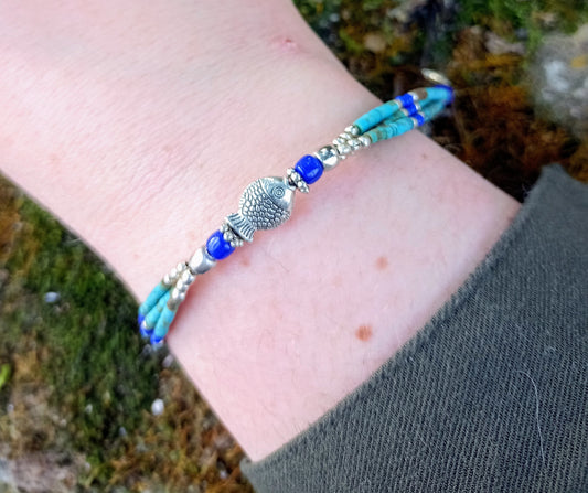 Bracelet Tibétain en Turquoise Africaine, perles fantaisies & Poisson