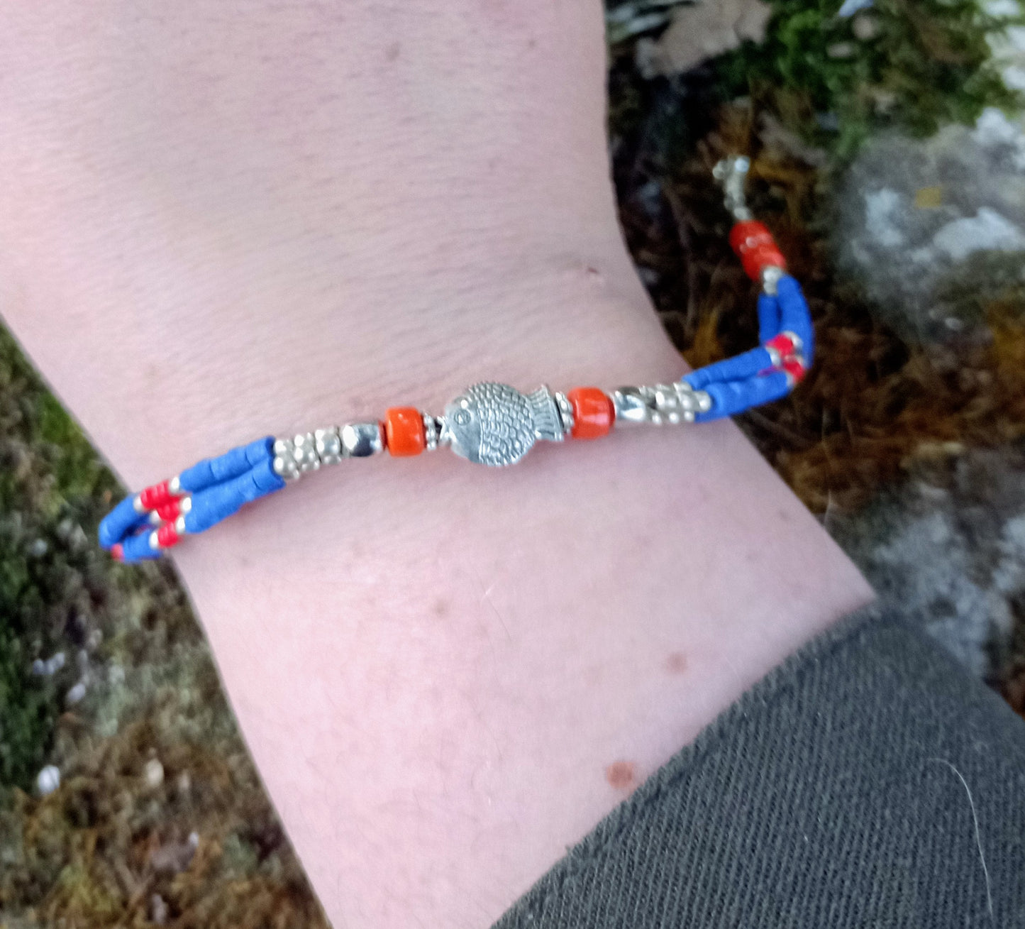 Bracelet Tibétain en Lapis-Lazuli, perles fantaisies & Poisson